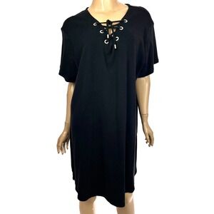 Carmen Marc Valvo Black Shift Dress Sz 1X 100% Cotton Short Sleeve Lace Up Neck